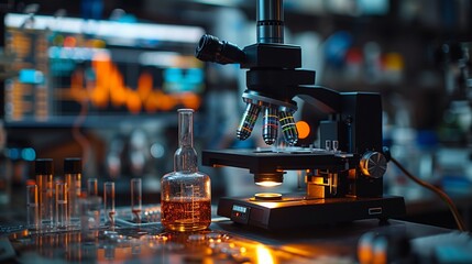 Poster - a microscope with adjustable lenses sits on a lab table with test tubes and a beaker filled with a c