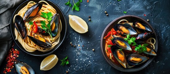 Poster - A seafood meal featuring homemade pasta with spaghetti mussels chili and parsley on a stone background in a top view copy space image