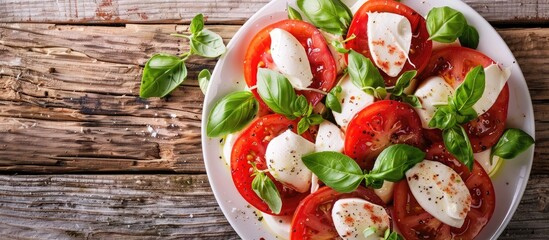 Aufkleber - Top view of a plate with caprese salad a classic Italian dish featuring cherry tomatoes fresh mozzarella and basil leaves on a rustic wooden table with copy space image