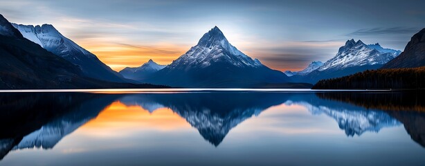 Wall Mural - Semi close-up of a majestic mountain range during sunset with a reflection in a calm lake, more clarity with clear light and sharp focus, high detailed