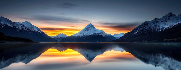 Wall Mural - semi close-up of a majestic mountain range during sunset with a reflection in a calm lake, more clar