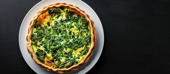 Aufkleber - Top view of a homemade spinach quiche on a white plate against a black background with copy space image available