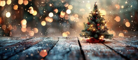 Aufkleber - Festive Christmas backdrop featuring a xmas tree and sparkling bokeh lights on a wooden canvas with space for text Ideal for Merry Christmas cards and Happy New Year greetings. Creative banner