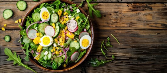 Aufkleber - Top view of a fresh vegetable salad with corn radish onion cucumber and quail eggs on a wooden surface offering free copy space image