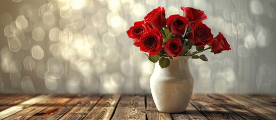 Poster - A red rose bouquet in a white vase on a wooden table with a copy space image