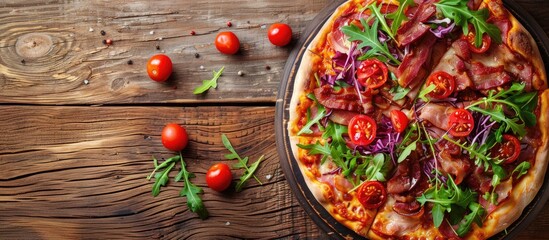 Poster - Pizza topped with tomatoes bacon and salad on a wooden backdrop with ample copy space image