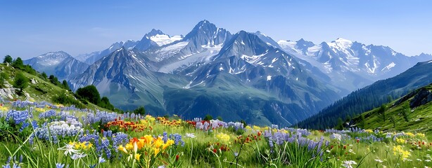 Wall Mural - Semi close-up of a mountain landscape with wildflowers in the foreground, more clarity with clear light and sharp focus, high detailed