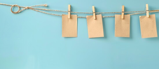 Aufkleber - Wooden clothespins holding blank notepapers are displayed on a twine against a light blue background leaving room for text in the copy space image
