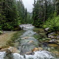 Wall Mural - Close-up of a serene mountain river flowing through a dense forest, more clarity with clear light and sharp focus, high detailed