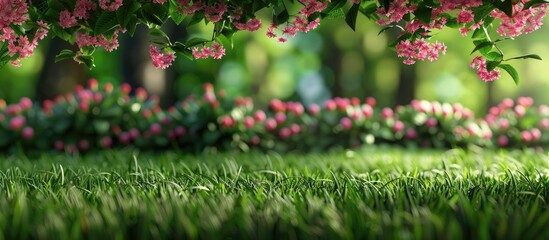 Wall Mural - Flowers blooming on the grass complement the backdrop creating a suitable area for a copy space image