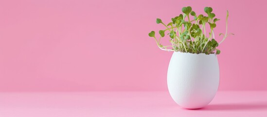 Leinwandbilder - Easter themed image with green sprouts in a white egg against a pink background providing ample copy space