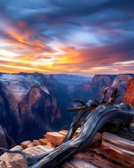 Wall Mural - Semi close-up of a scenic mountain vista with a colorful sunset sky, more clarity with clear light and sharp focus, high detailed