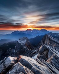 Wall Mural - Semi close-up of a scenic mountain vista with a colorful sunset sky, more clarity with clear light and sharp focus, high detailed
