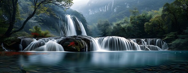 Wall Mural - Semi close-up of a tranquil forest scene with a waterfall in the background, more clarity with clear light and sharp focus, high detailed