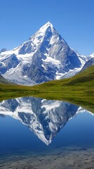 Wall Mural - Close-up of a beautiful mountain landscape with a lake reflecting the peaks, more clarity with clear light and sharp focus, high detailed