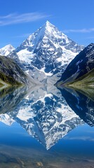 Wall Mural - Close-up of a beautiful mountain landscape with a lake reflecting the peaks, more clarity with clear light and sharp focus, high detailed