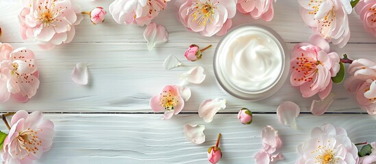 Poster - White wooden background with pink peach flowers decorating cosmetic creams showcased in a copy space image