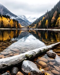 Wall Mural - Semi close-up of a serene mountain lake with reflections of the surrounding forest, more clarity with clear light and sharp focus, high detailed