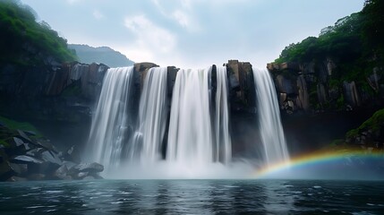 Wall Mural - Close-up of a stunning waterfall with sunlight creating a rainbow in the mist, more clarity with clear light and sharp focus, high detailed