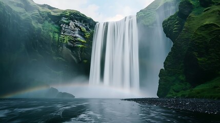 Wall Mural - Close-up of a stunning waterfall with sunlight creating a rainbow in the mist, more clarity with clear light and sharp focus, high detailed