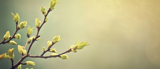 Fototapete - Image of a tree branch in spring with fresh green buds against a simple background with ample copy space rendered in a warm and vintage style with a hint of film grain