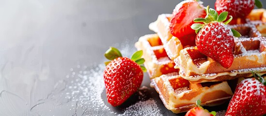 Poster - Selective focus on waffles topped with fresh strawberries in a copy space image