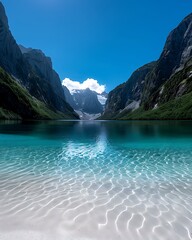 Wall Mural - semi close-up of a tranquil lake surrounded by towering mountains, more clarity with clear light and