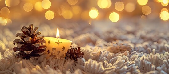 Aufkleber - Holiday decorations with a shiny pine cone and a candle on a fluffy carpet against a backdrop of bokeh lights creating a warm festive atmosphere with room for a copy space image