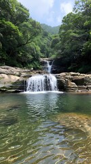 Wall Mural - Close-up of a serene forest clearing with a small waterfall, more clarity with clear light and sharp focus, high detailed