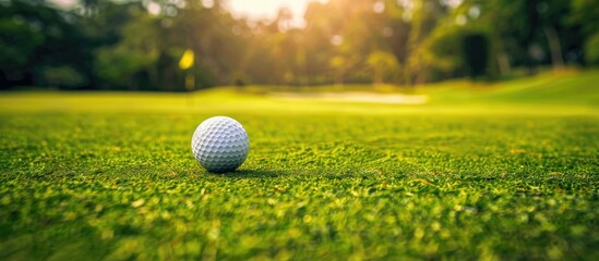 Sticker - Golf concept with a golf ball on the course ready for a tee shot against a fairway background creating an ideal copy space image