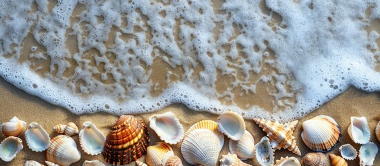 Fototapete - Top view of sea shells arranged in a wave like pattern with frothy foam on smooth beach sand creating a serene seaside backdrop with a designated area for text ideal for holiday themed content includ