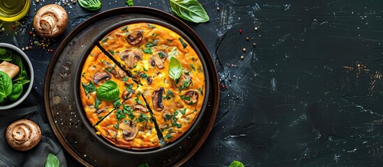 Poster - Italian frittata a savory dish similar to an omelette made with cheese herbs and fried mushrooms served on a plate with a copy space image