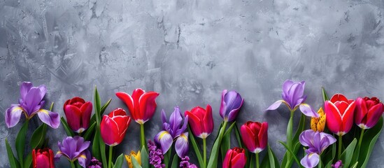 Aufkleber - A gray backdrop with vivid tulips and irises creates a charming copy space image for spring