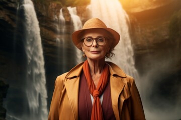 Canvas Print - Portrait of a content woman in her 60s dressed in a stylish blazer over backdrop of a spectacular waterfall