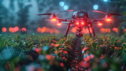 Poster - Advanced Cyber Farm with High Tech Drones Inspecting Glowing Crops in Futuristic Landscape