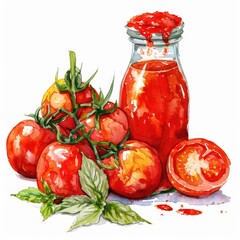 Canvas Print - Vibrant Cherry Tomatoes and Artisanal Tomato Sauce. Watercolor Illustration of Fresh, Organic Ingredients for Healthy Cooking