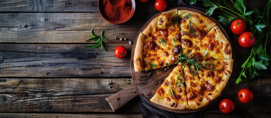 Sticker - Georgian Khachapuri with tomatoes and paprika displayed from a top view on a wooden background with copy space image