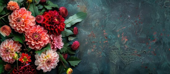 Poster - Top view copy space image of a garden flower bouquet featuring dahlias and lavaters on a floral greeting card set against a natural backdrop