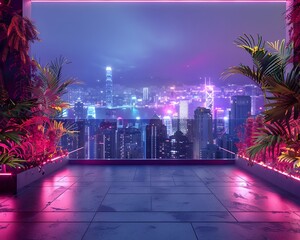 Sticker - Glowing Rooftop Oasis with Neon Lit City Skyline in Futuristic Backdrop