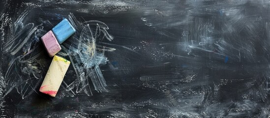 Fototapete - Horizontal composition of a blackboard with colored chalks an eraser and light effects creating a blank space for an image. Creative banner. Copyspace image