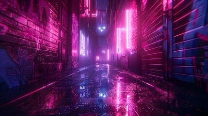 Poster - neon lit alleyway with futuristic graffiti and reflections