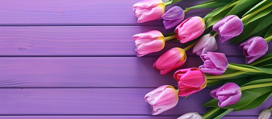 Aufkleber - Woman s Day text with tulips overhead on a purple wooden background creating a cheerful copy space image