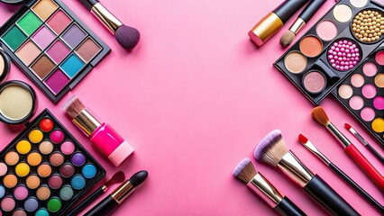 Colorful make up cosmetics products on a pink background, makeup, cosmetics, beauty, vibrant, pastel, girly, trendy