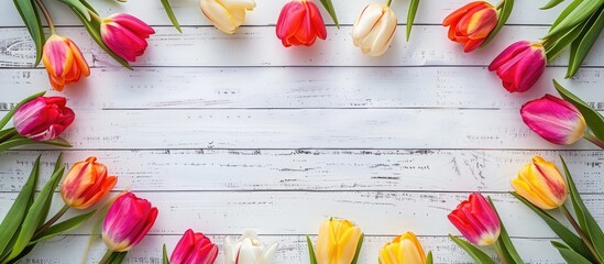 Fototapete - Spring themed holiday background featuring a colorful tulip frame on a white wooden surface suitable for Valentine s Day Women s Day and Mother s Day greeting cards Ideal for a top view copy space im