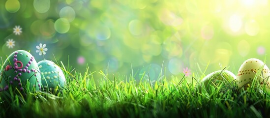 Aufkleber - Happy Easter A grassy background with Easter eggs creates a picturesque Easter themed copy space image