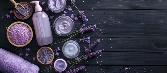 Poster - Lavender infused cleaning and skincare product samples displayed on a black wooden surface with ample copy space image