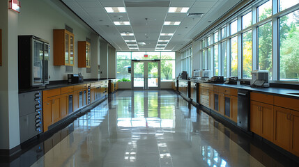Poster - A wide shot of a laboratory hallway with cabinets and large windows. The hallway is clean and brightly lit, with a shiny floor reflecting the light from the windows.