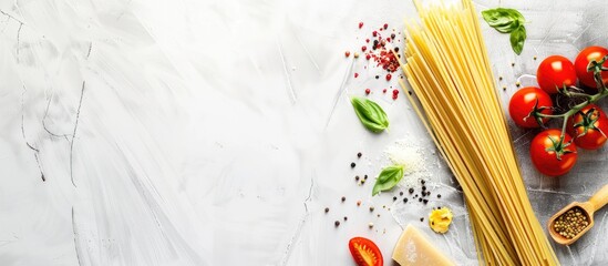 Poster - Top view of raw Italian spaghetti with vegetables on a white background displaying copy space image