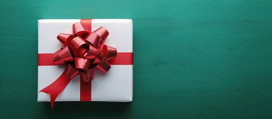 Fototapete - White gift box with a large red bow set against a green backdrop allowing for a copy space image
