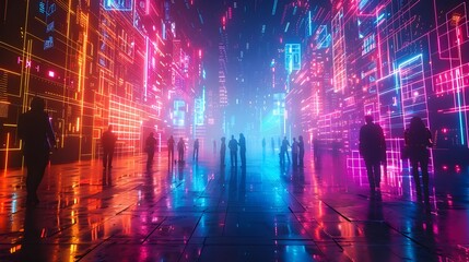 Poster - cybernetic festival with neon in futuristic cityscape